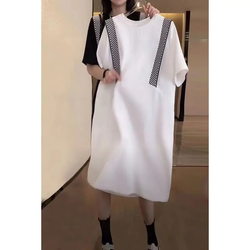 Black White Versatile O-Neck Splicing Chessboard Grid Loose Half Sleeve Mid Dress Summer Women Plus Size Casual Straight Dresses