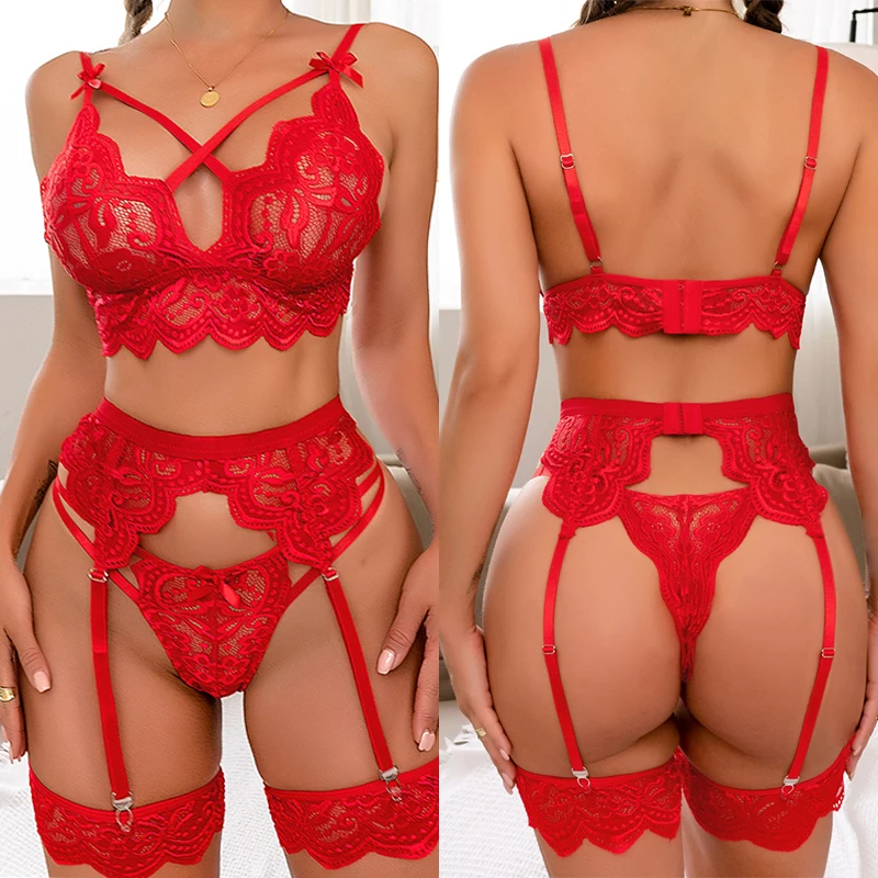 

Plus Size Sexy Lingerie Women Body Exotic Sets 3 Pcs Bra and Panty Garters See Through Red Underwear Set Porn Costumes Babydoll