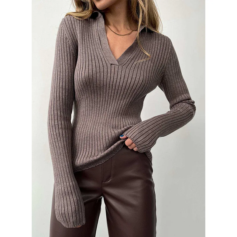 

POLO Collar Knitted Sweater 2023 Autumn and Winter Temperament Commuting Elastic Slim Bottoming Sweater кофта женская