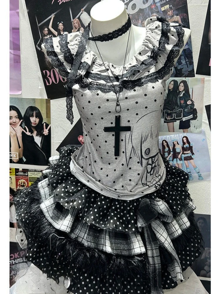 Фото Deeptown Y2k Kawaii серый аниме Juminocore женская футболка Harajuku с оборками в горошек без рукавов в японском стиле футболки в стиле Лолиты тонкие №4