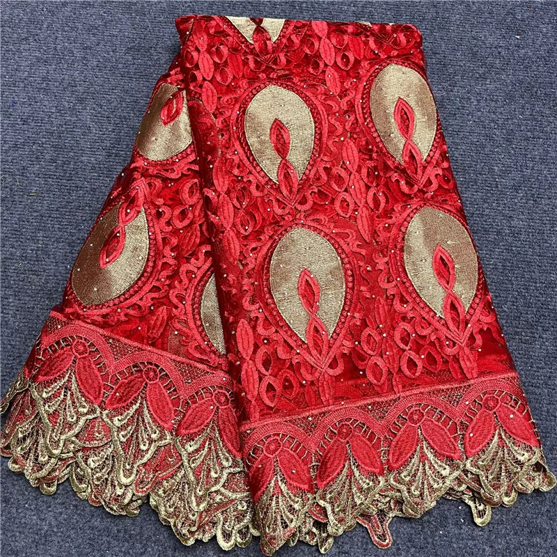 

5 YARD Latest African French Lace Fabric High Quality Guipure Lace Chemical Lace Fabric Flocking With Gold For Wedding Party XM2
