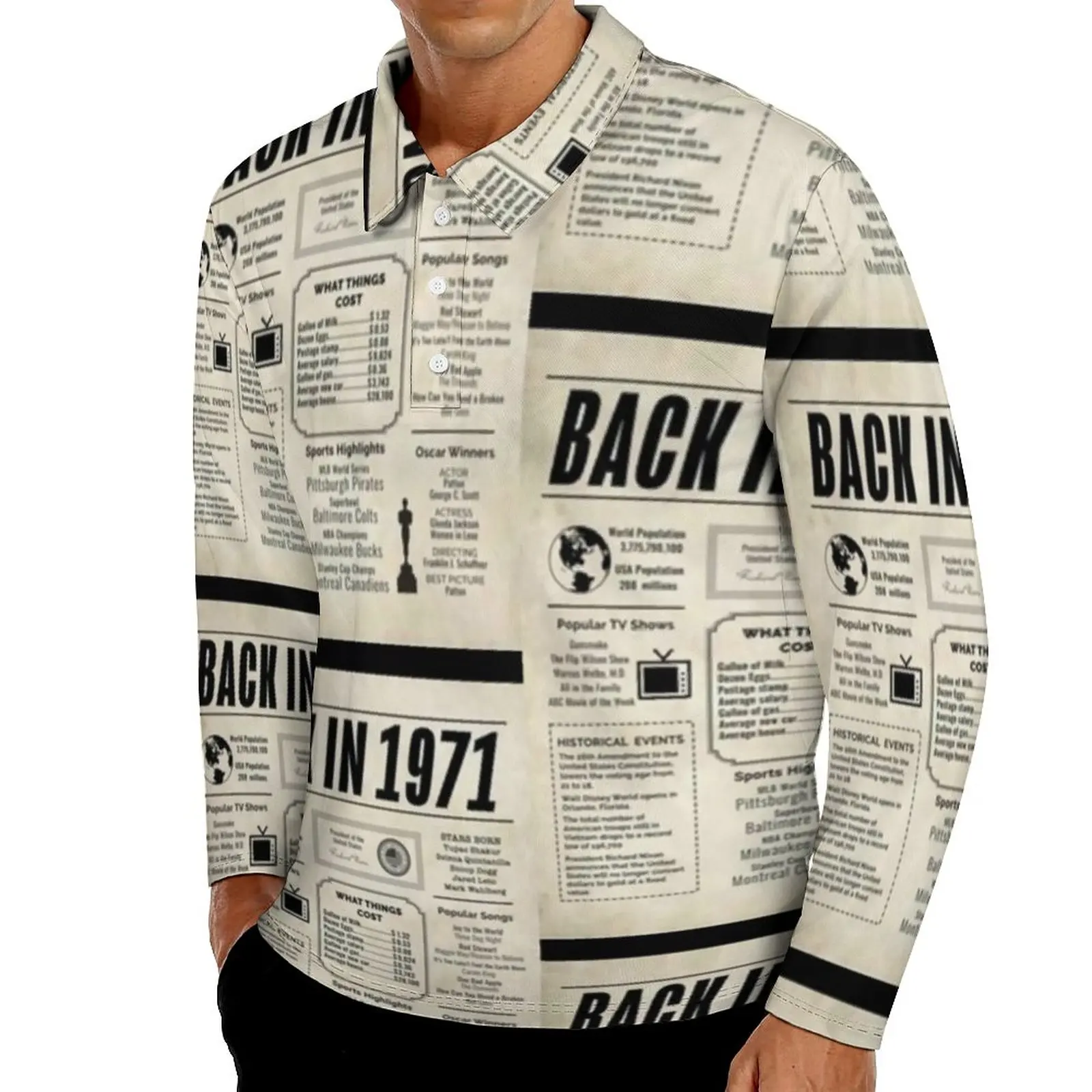 

Футболка-поло мужская с принтом газет, длинным рукавом, размеры до 5XL