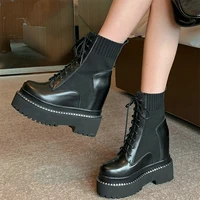 chunky platform pumps women lace up genuine leather high heel ankle boots female winter round toe fashion sneakers casual shoes