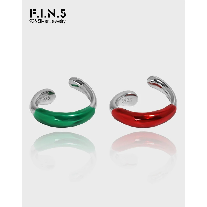 

F.I.N.S 1PC Minimalist Enameled S925 Sterling Silver Ear Clip without Pierced Green Red Drip Glue Earcuff No Ear Hole Fine Jewel