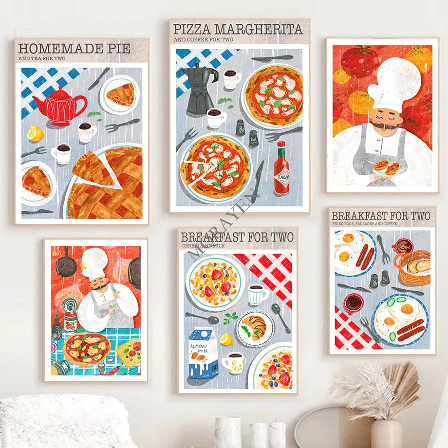 

Breakfast Pizza Milk Spaghetti Food Cook Art Canvas Painting Nordic Posters And Prints Wall Pictures For Living Room Decoration
