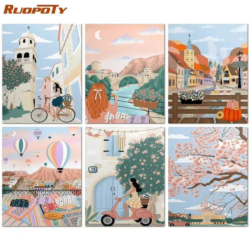 

RUOPOTY Paint By Number City Drawing On Canvas Gift DIY Pictures By Numbers Illustrations Kits HandPainted Painting Art Home Dec