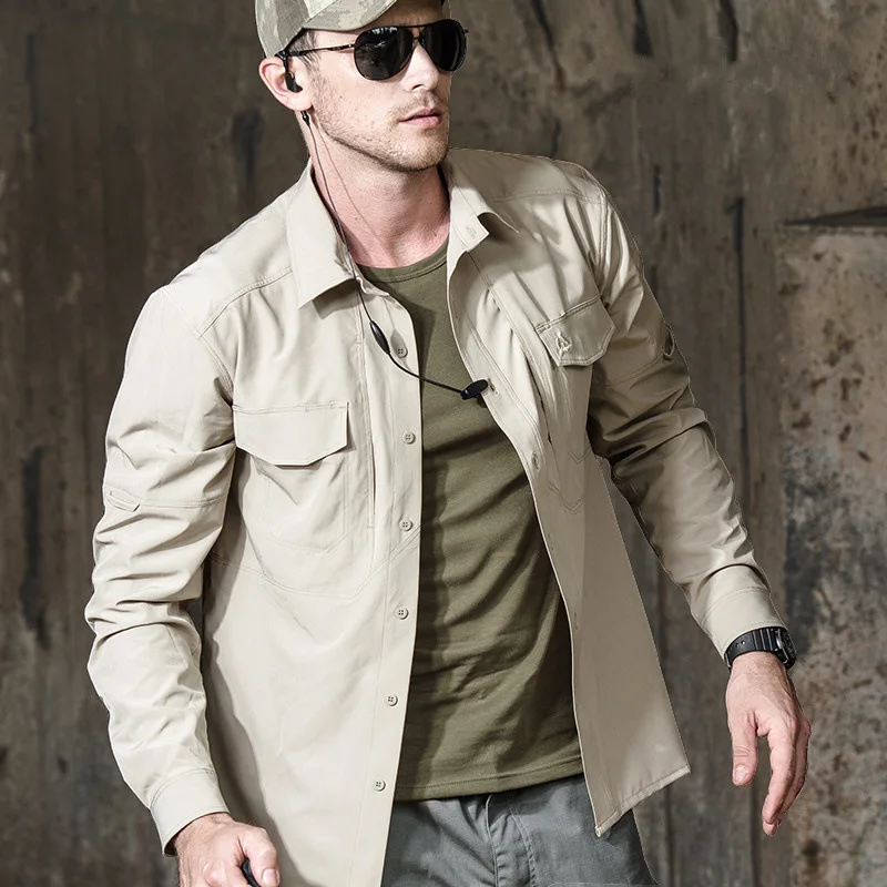 

Мужская быстросохнущая Военная тактическая рубашка с длинным рукавом, рубашка-поло с воротником и эластичными карманами, мужская уличная спортивная рубашка для альпинизма