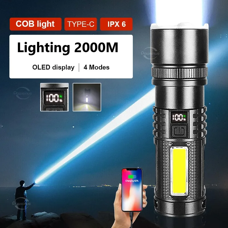 

High Power Led Flashlight Super Bright Big Aperture Torch Type-C Rechargeable Hand Lamp With COB Strong Light Long Shot Lantren
