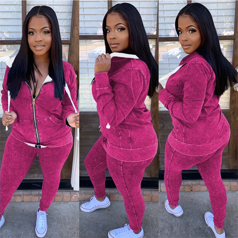 

Jeans Printed Two Piece Set Women Outfits Zipper Long Sleeve Hooded Jacket Top And Pants Casual Jogging Suit Female Tracksuits