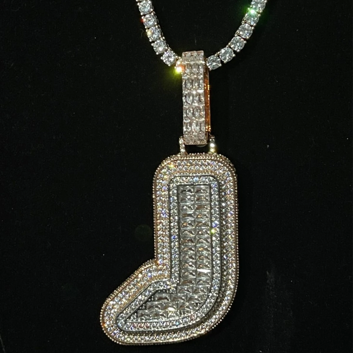 Aokaishen A~Z Single Baguette Letter Name Necklace Chain For Men Full Zircon Pendant Rock Rapper Hip Hop Jewelry