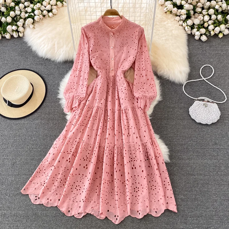 

Spring and autumn retro palace style light luxury high sense hollow lapel dress seaside vacation elegant big swing long skirt