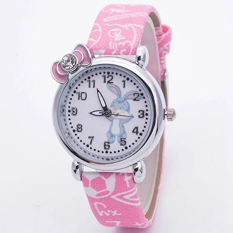 

Casual Cute Children's Watch Kawaii Cartoon Rabbit Bow Red Leather Strap Girl Arabic Digital Kids Quartz Wristwatches Girl Clock