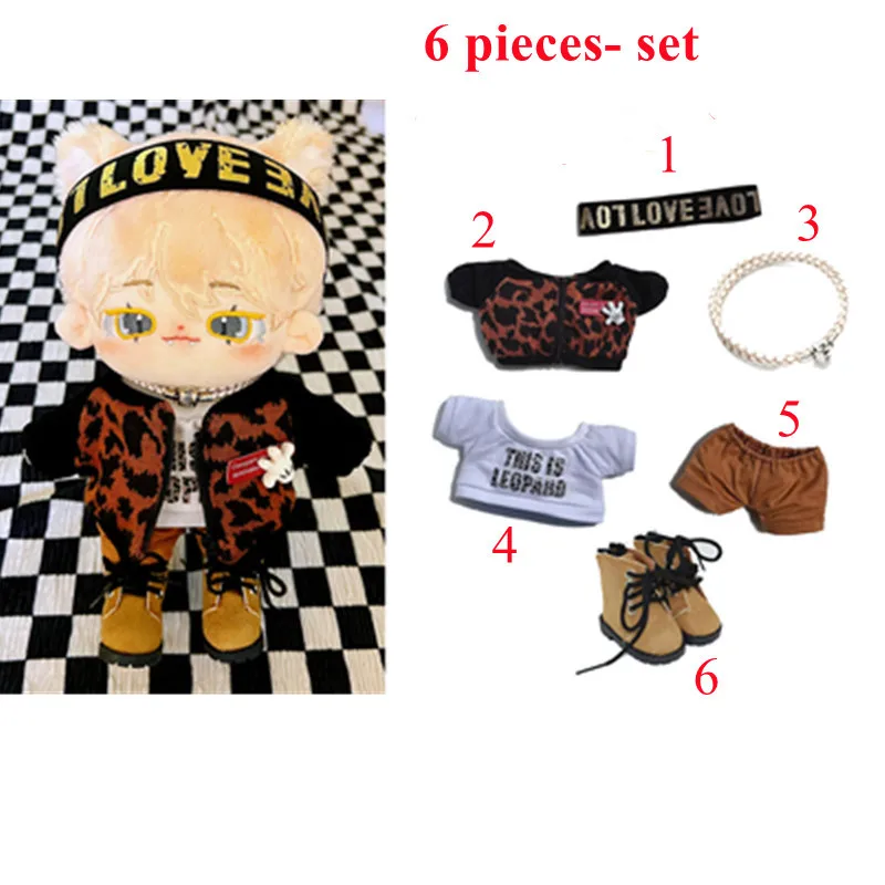 

Latest 6pc/set 20cm Doll Clothes Cool Leopard Print Collar Pants Boots 20 Plush Dolls Outfit Kids Toys