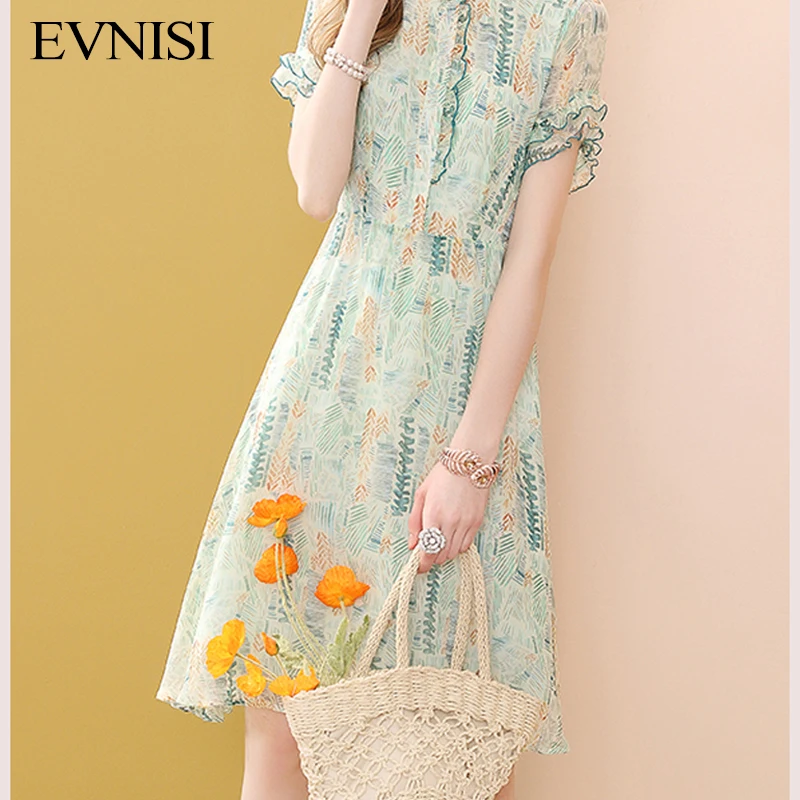 

EVNISI Green Chiffon Print Dress 2022 Summer New Floral Dress Bohemian Ruffle A-line Dresses Beach Side Vestidos