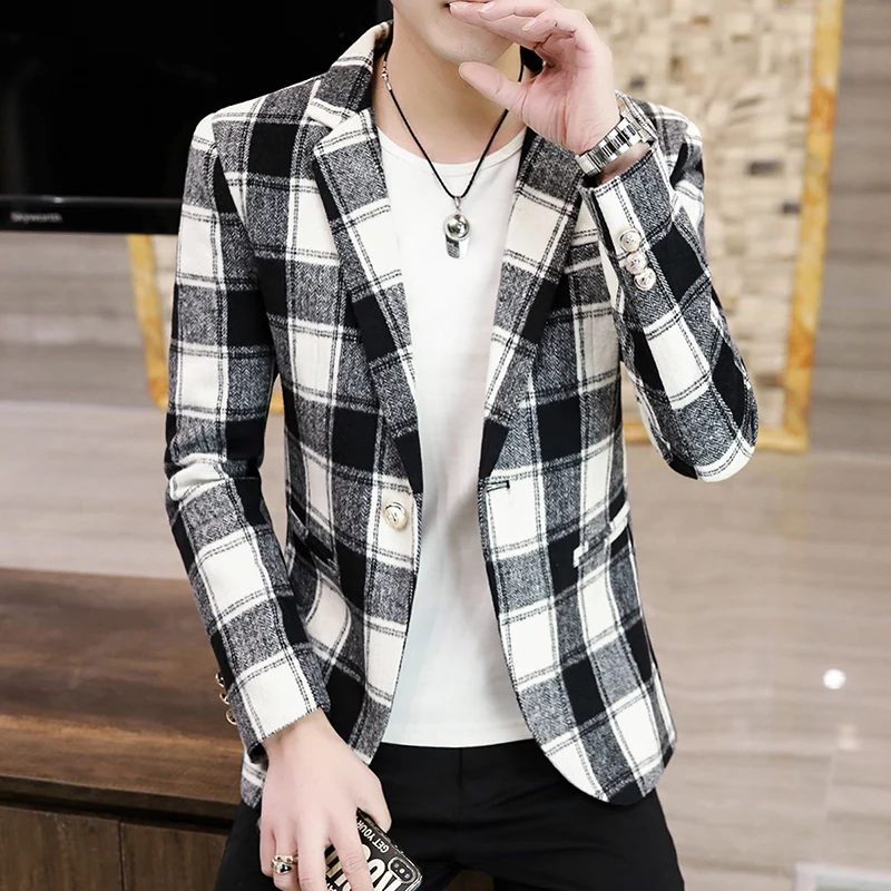 

Men Blazer Classic plaid pattern Blazer Men Slim Casual Man Blazers One Button Wedding Business Party Clothing Dress Men Coats