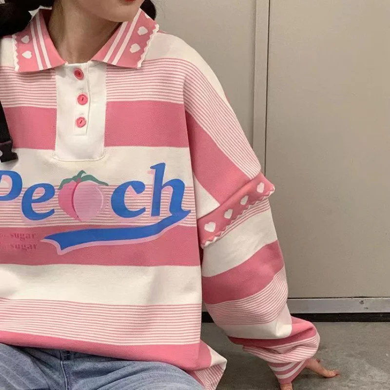 

Peach Pink Striped Polo Shirt Loose Sweatshirt Women Fake Two Piece Women Long Sleeve Tshirt Harajuku Korean Kawaii Preppy Style