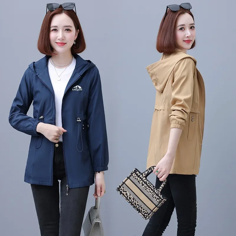 Куртка средней длины с капюшоном женская весенне-осенняя свободная утягивающая