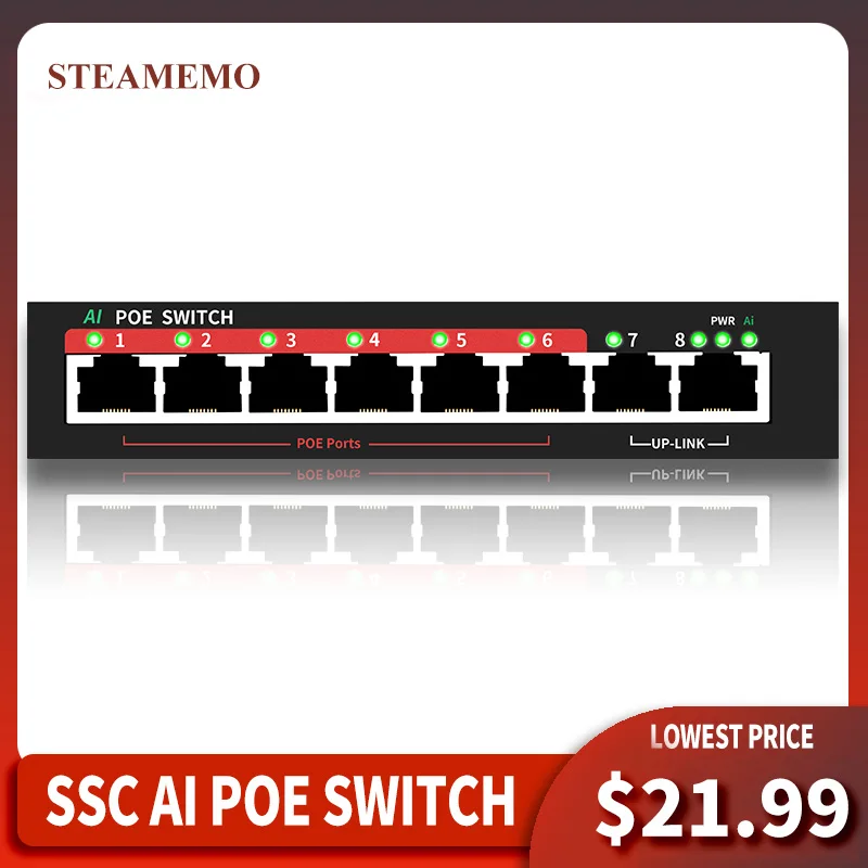 STEAMEMO 6 Port POE Switch 48V 10/100Mbps 90W External Power Supply Ethernet Switch For IP Camera/Wireless AP