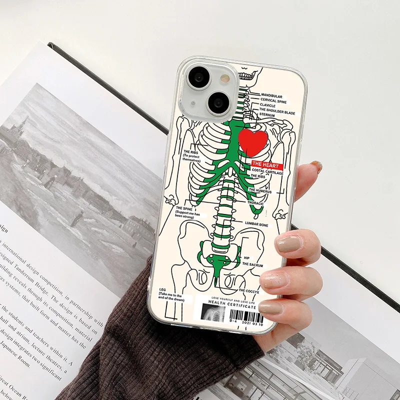 Heart Skeleton Phone Case For iPhone 13 14 Pro Max 11 12 XS XR 7 8 Plus Creative Shockproof Soft Silicone Phone Case Back Cover