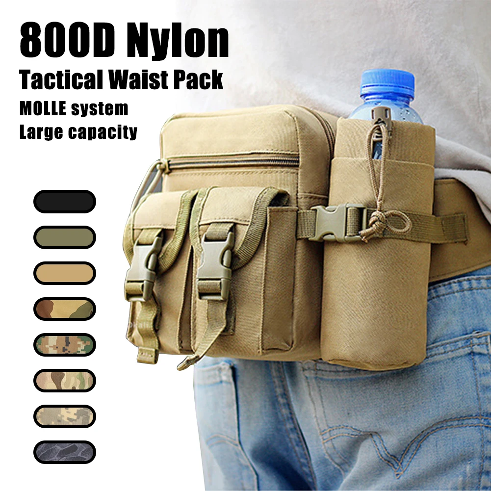 Tactical Men Waist Pack 800D Nylon Hiking Water Bottle Phone Pouch Outdoor Sports Army Military Hunting Climbing Camp Belt Bag