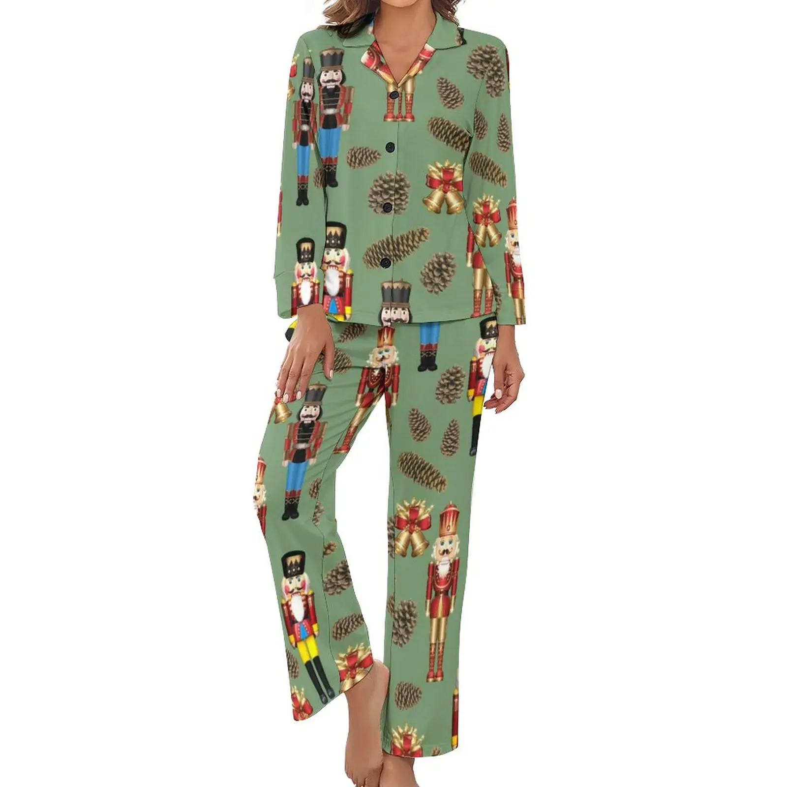 

Nutcracker Print Pajamas Long Sleeve Pine Cone Two Piece Casual Pajama Sets Spring Women V Neck Lovely Sleepwear