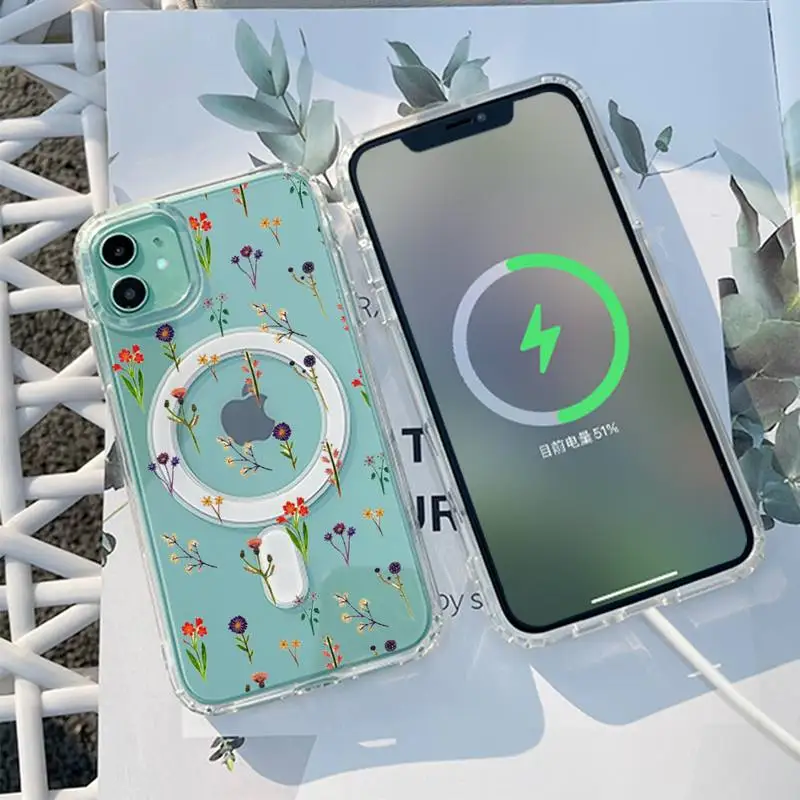

small flower background Phone Case For iPhone 13 12 11 Mini Pro Max transparent Super Magnetic MagSafe Cover
