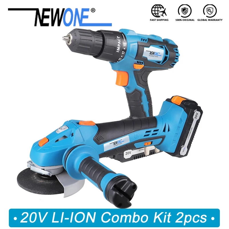 NEWONE 20V Li-ion Cordless Impact Drill/Screwdriver Cordless 6 Variable Speed Angle grinder M14, Combo Kit Grinding drilling