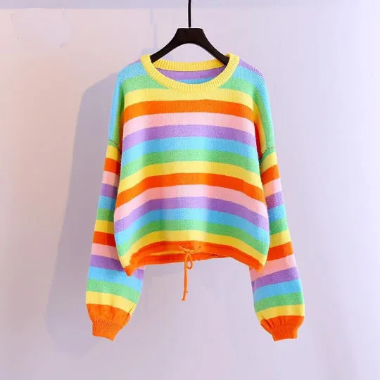 Rainbow New Women Korean Lady Pullover Woman Sweaters Low Neck Collar Tops Loose Women's Sweater Winter Clothes Girl Coat Suéter