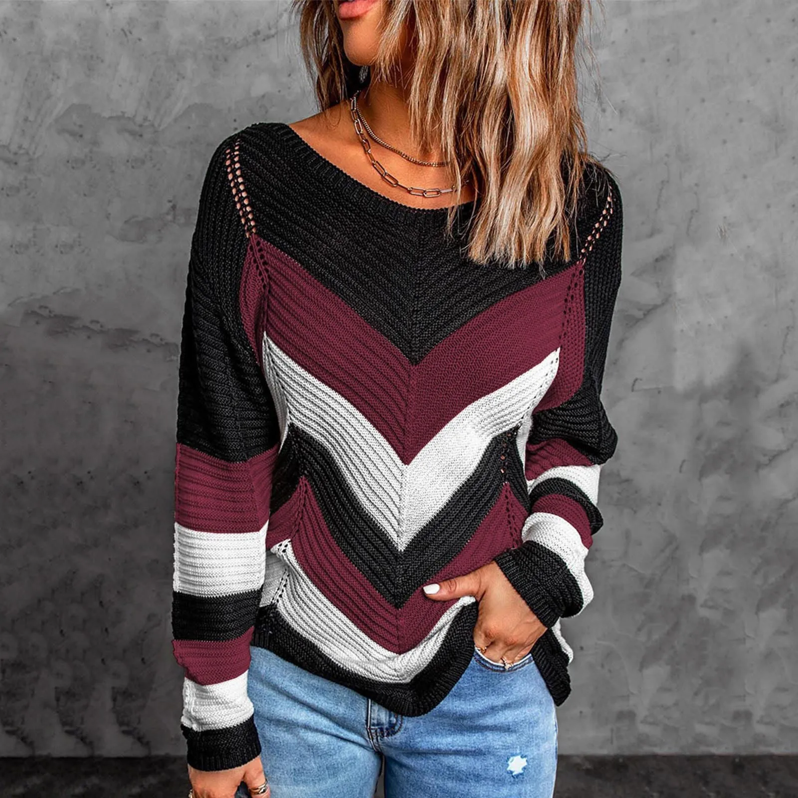 

Woman Fashion Round Neck Loose Long Sleeve Colorblock Top Knit Sweater Mens Pullover Sweaters Girls Pullover Sweaters Size 8