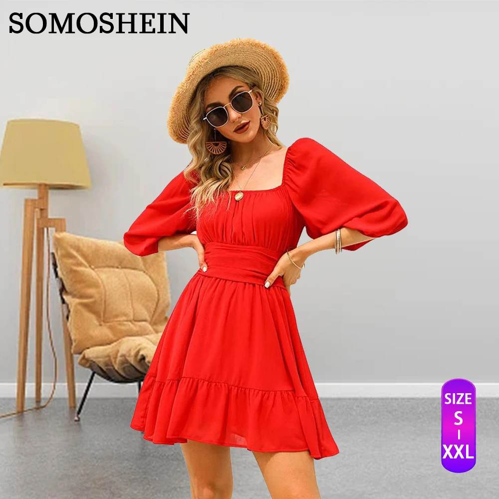 

SOMOSHEIN Women's Summer Dress Solid Color Corset Lantern Sleeve Lace Up Sexy Backless Ruffle Dress Wholesale Dropshipping