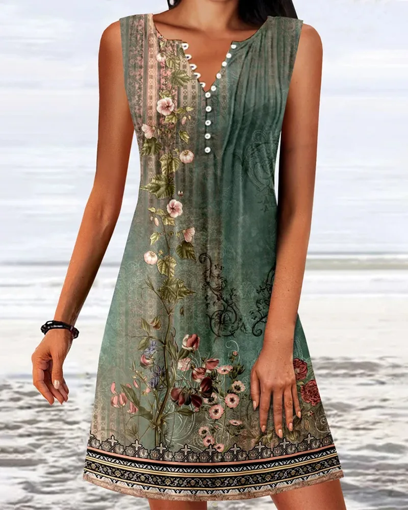 

Женское однобортное платье на пуговицах, Повседневное платье без рукавов с тропическим цветочным принтом, V-образным вырезом и пуговицами, весна-лето