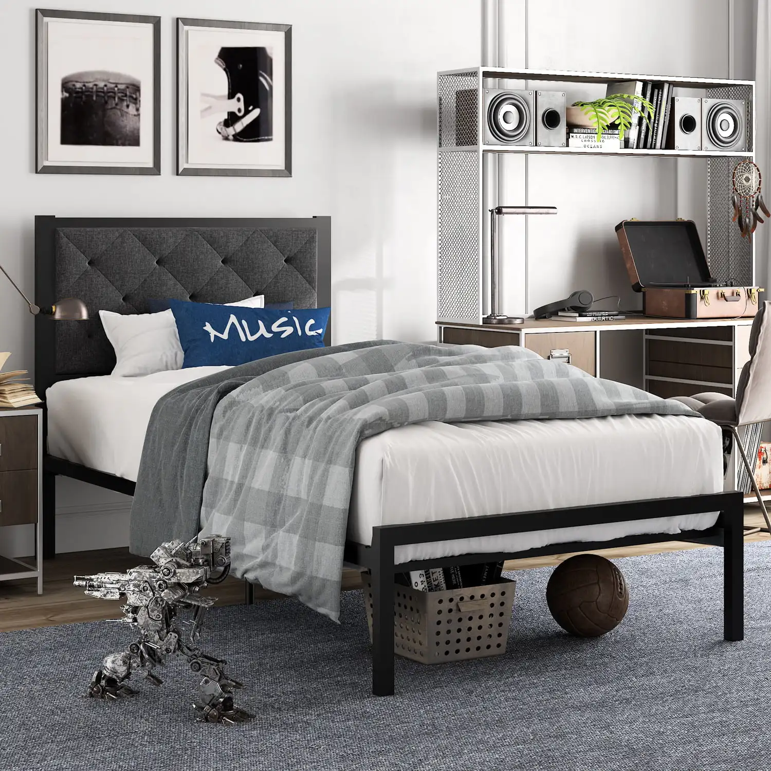 

Twin Size Metal Bed Frame with Upholstered Headboard, Dark Grey