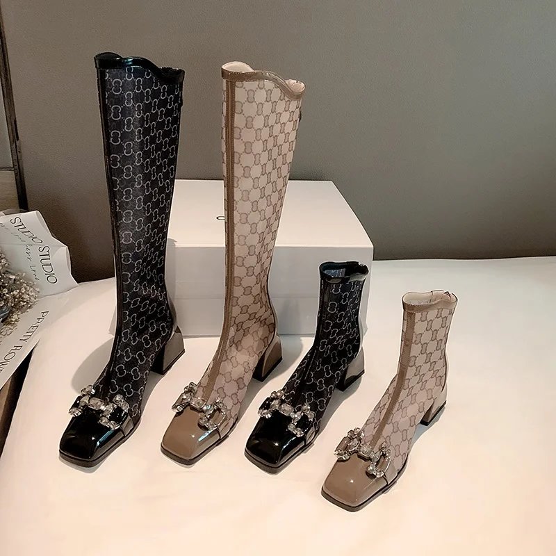 European pop print mesh+ leather ankle summer boots for women sexy lady square toe long riding boots wedge sandals high heels