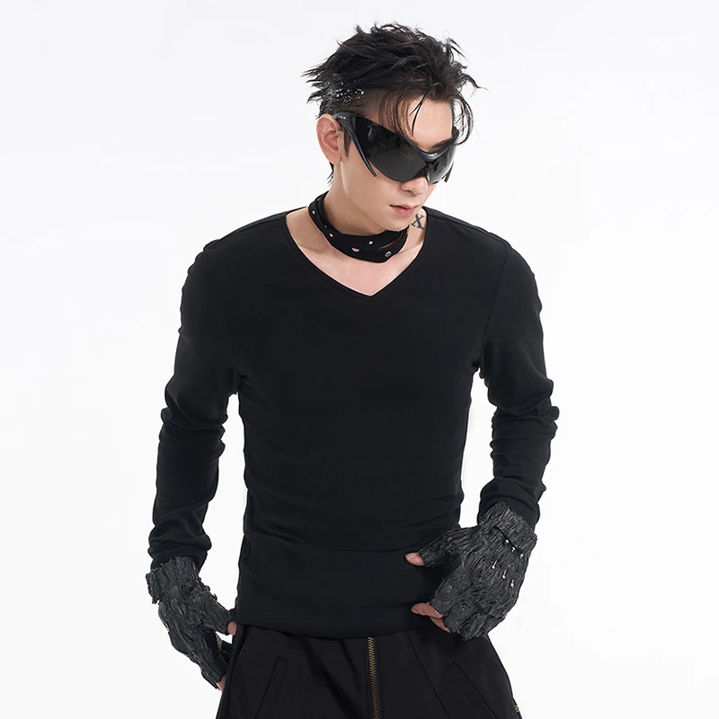 FEWQ мужские футболки с v-образным вырезом однотонные тонкие флисовые длинными