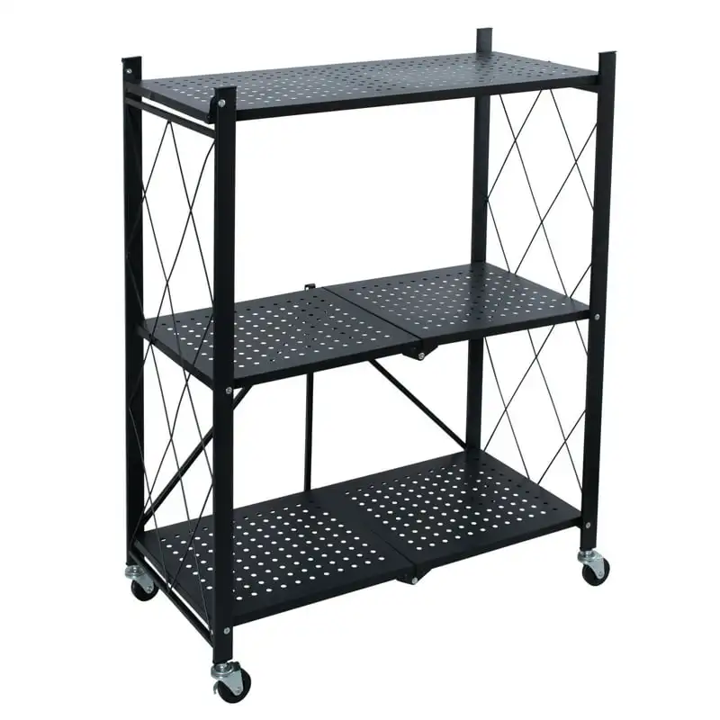 

Foldable Metal Shelves with Wheels, Adult Kitchen Laundry Room Storage, Black Storage organizer Trolley cart Closet organizer S