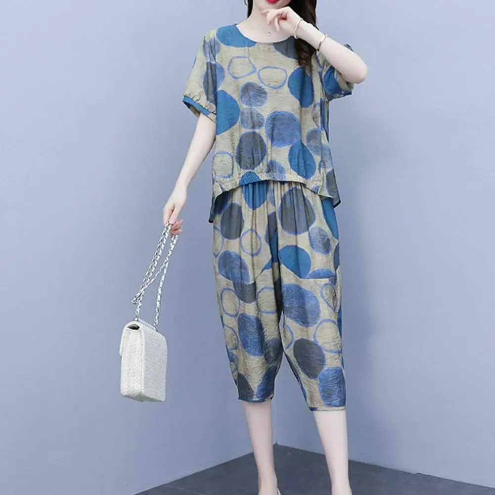 

O-Neck Short Sleeve High Low Hem Casual Outfit Elastic Waistband Mid-aged Women Printing Top Cropped Harem Pants Streetwear