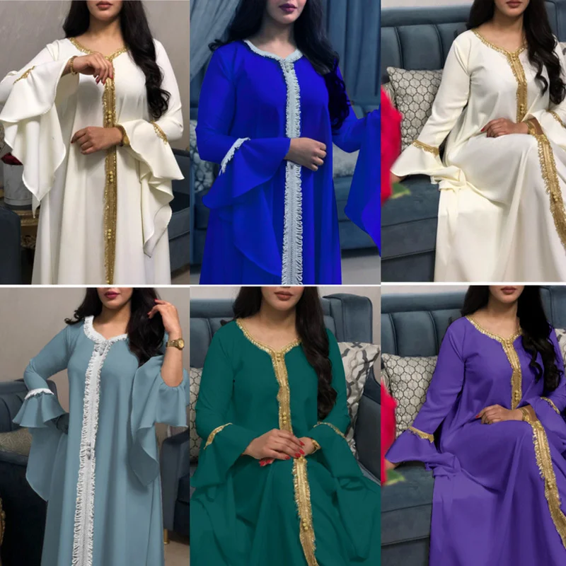

Abaya For Women Ruffle Sleeve Embroidered Gold Lace Dress Jalabiya Dubai Arabic Muslim Dress Loose Female Clothing Long Robe