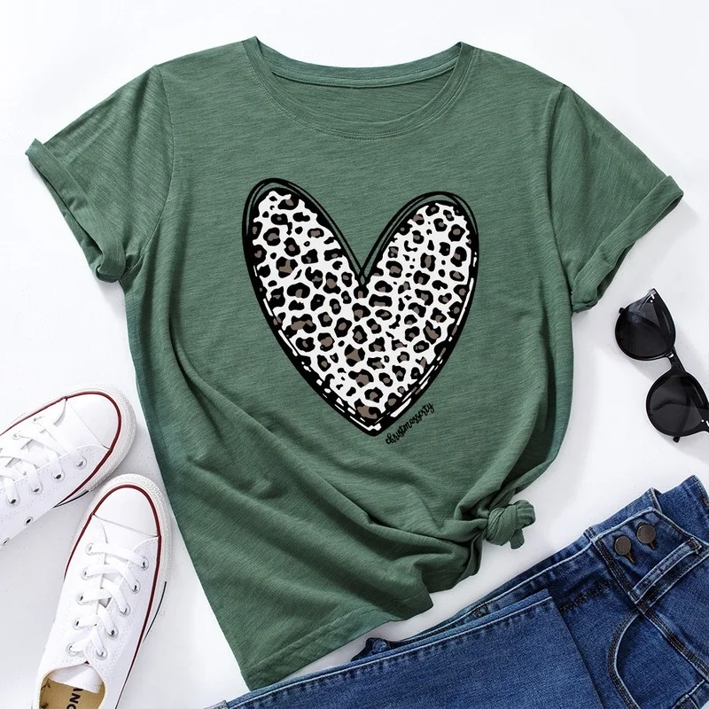 

Summer Women Cotton T Shirts Short Sleeve Fashion Heart Leopard Print Ladies Casual Graphic Clothes Female Regular Tee Tops