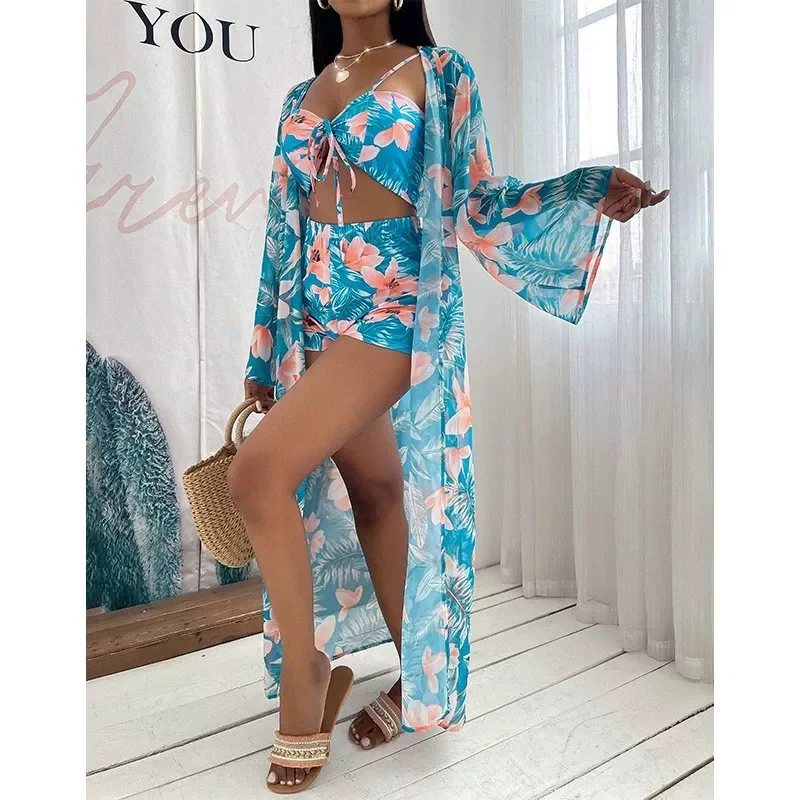 

2021 New 3 Pcs Long Sleeve Bikini Cover Up Swimwear Women Print Beach Wear Set High Waist Shorts Bandage Swimsuit Bathing Suit