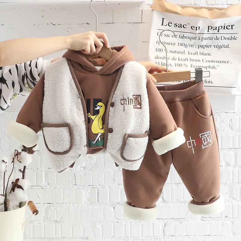 

Childrens Plush Thicken 3pcs Outfits Autumn Winter Baby Boys Girls Clothes Fashion Kids Fleece Vest+Cartoon Sweatshirt+Pants