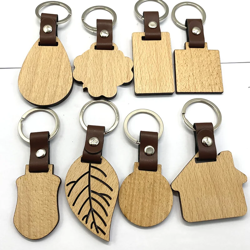 

1PC PU Leather Blank Wooden Keychain Bag Car Pendant Key Rings Personality Lettering Couple Key Chain Jewelry Gift Accessories