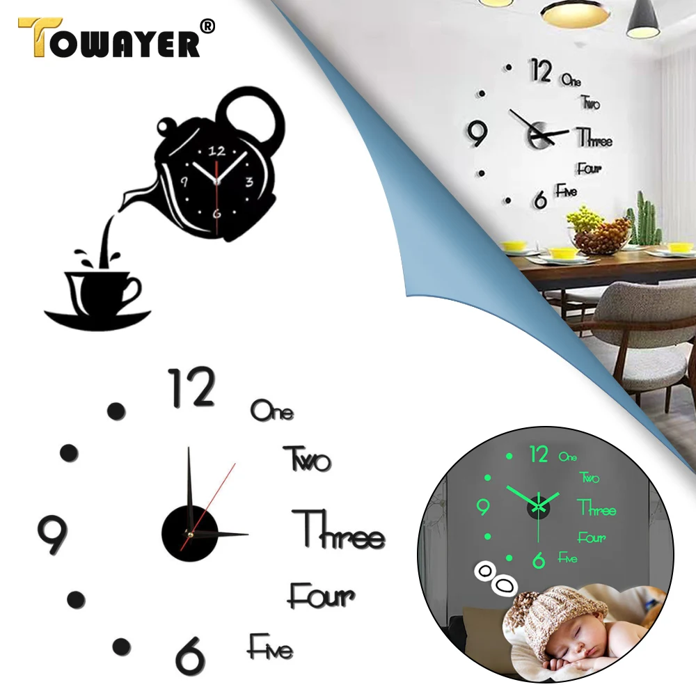 

Светящиеся Настенные часы 3D, бесшумные акриловые цифровые украшения «сделай сам» с наклейками на стену, для гостиной, спальни, офиса