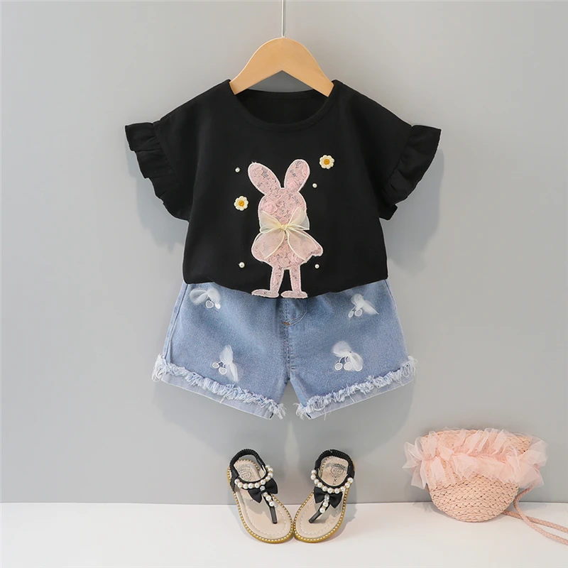 

Комплект одежды для маленьких девочек, летняя детская повседневная одежда, футболка с коротким рукавом и мультяшным Кроликом, джинсовые шорты, детская одежда