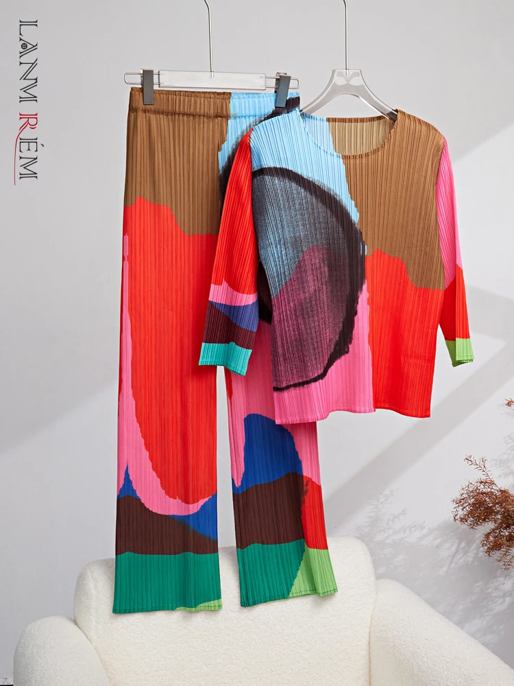 

Женский плиссированный комплект из 2 предметов LANMREM, топ с круглым вырезом и длинными рукавами, широкие брюки с высокой талией контрастного цвета, новинка 2023, 2YA2955