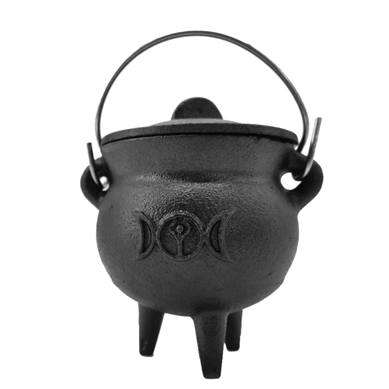 

SEWS-1Pcs Iron Cauldron With Lid Handle Moon Phase Witch Pot Incense Burning Pot For Spells Smudging Ritual Blessings