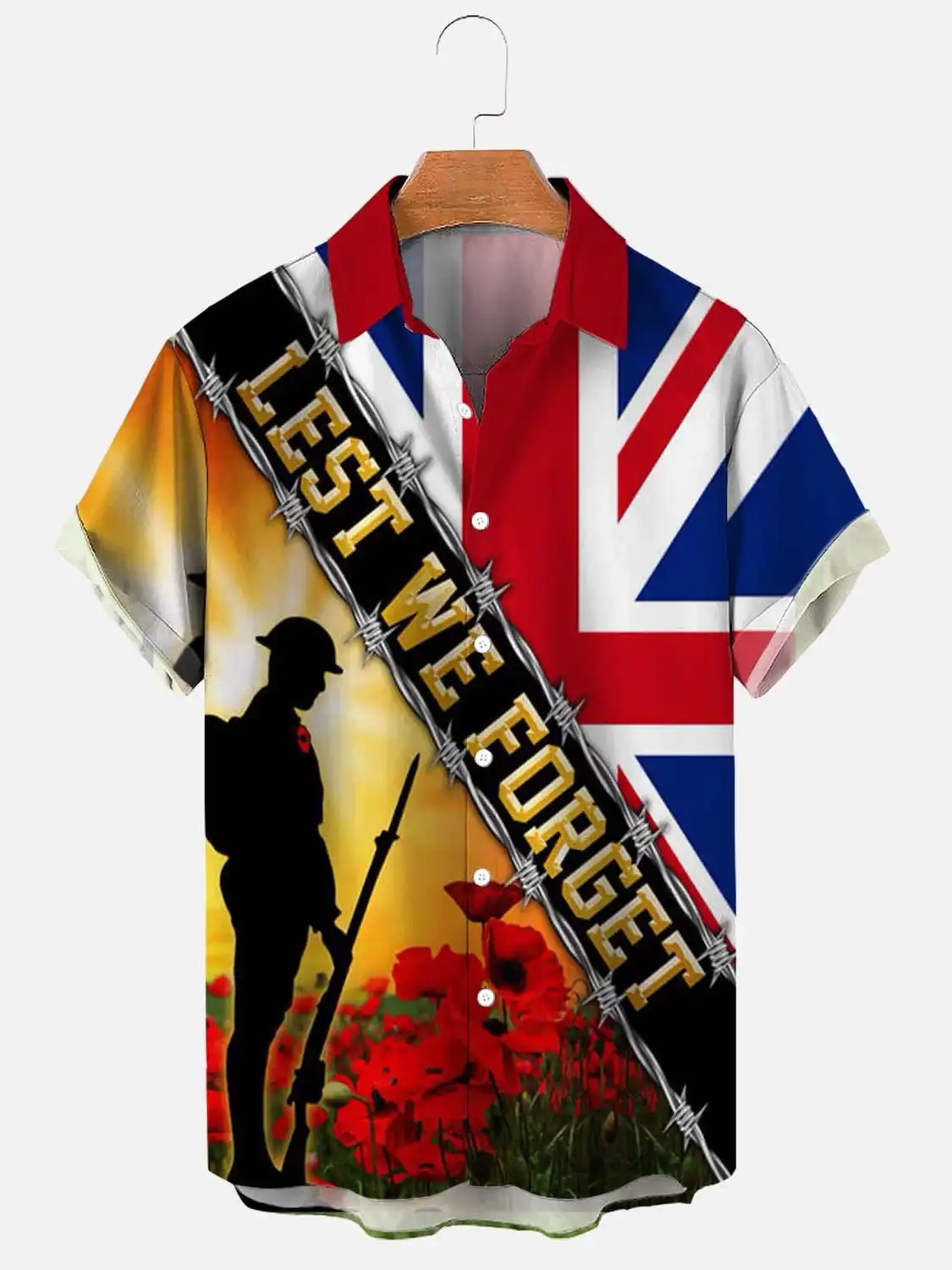 

Molilulu Men's Remembrance Day Veterans Day UK Flag Soldier Lest We Forget Shirt
