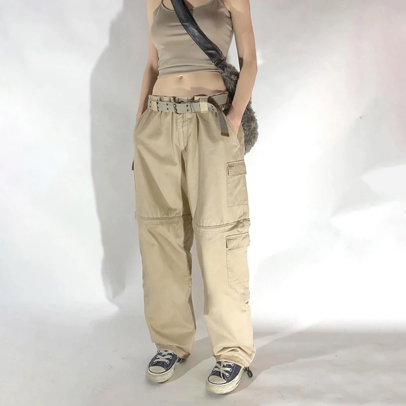 Fashion New Women Casual Cargo Pants Solid Color Low Waist Fashion Loose Wide Leg Trousers With Pockets Street Style S M L