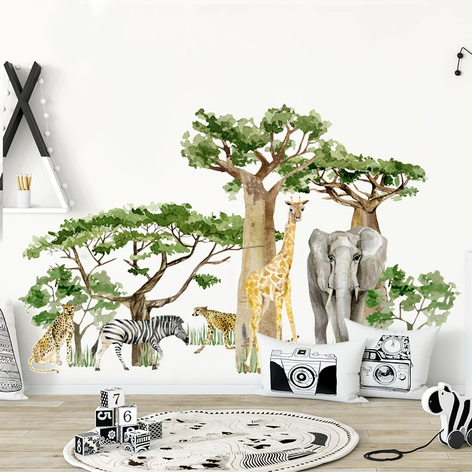 

Large Tropical Forest Giraffe Elephant Animal Watercolor Vinyl Nursery Baby Room Wall Decals for Kids Game Room Home Decorative