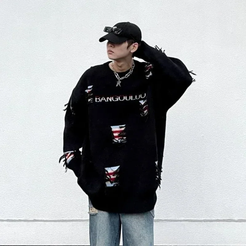 Мужская одежда пальто пуловеры вязаный свитер мужская куртка с дырками рваная