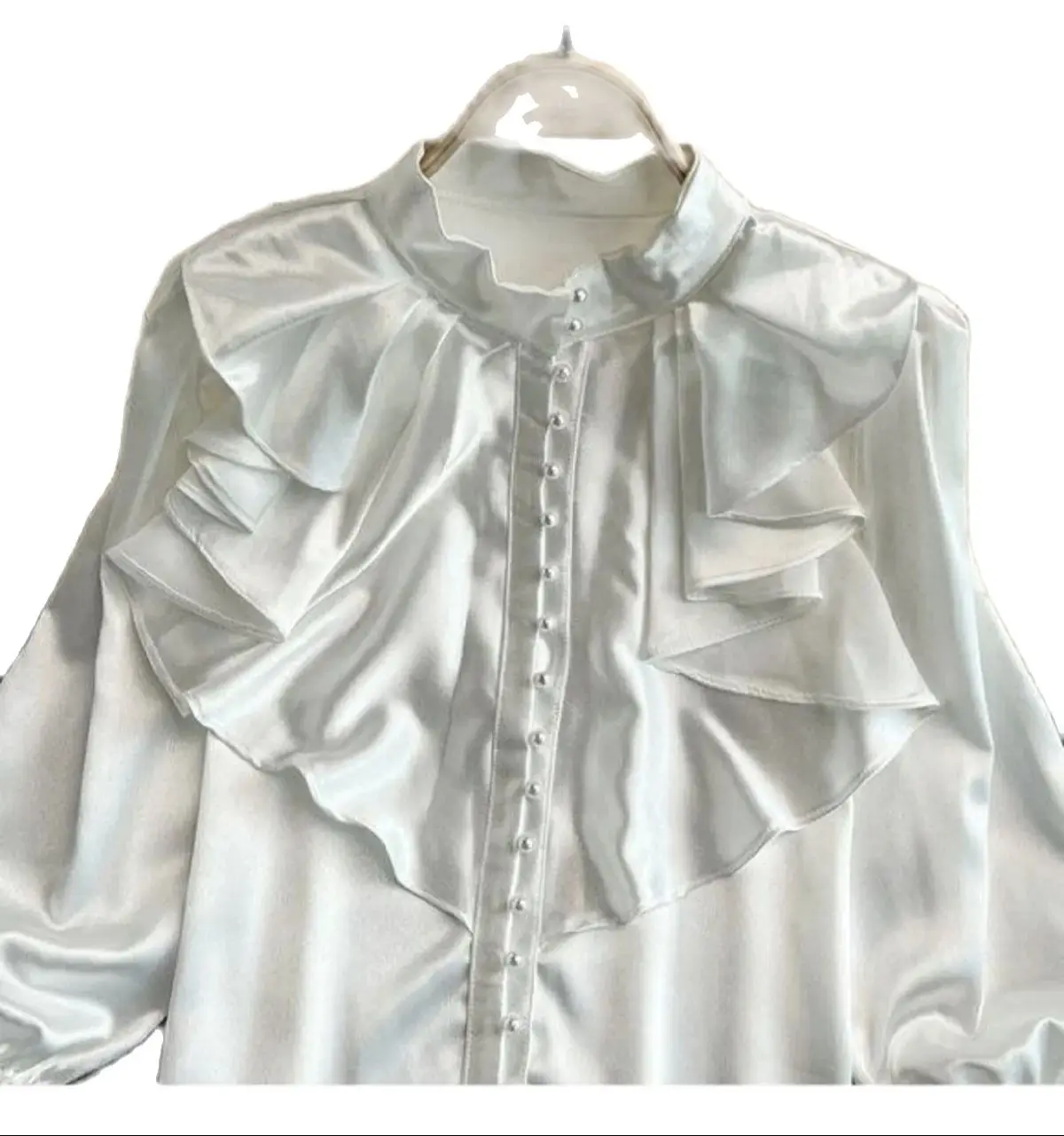 Женская атласная блузка свободная рубашка с длинными расклешенными рукавами